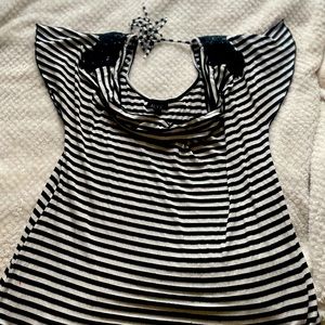 Black and white stripped short sleeve shirt with black lace on the shoulder